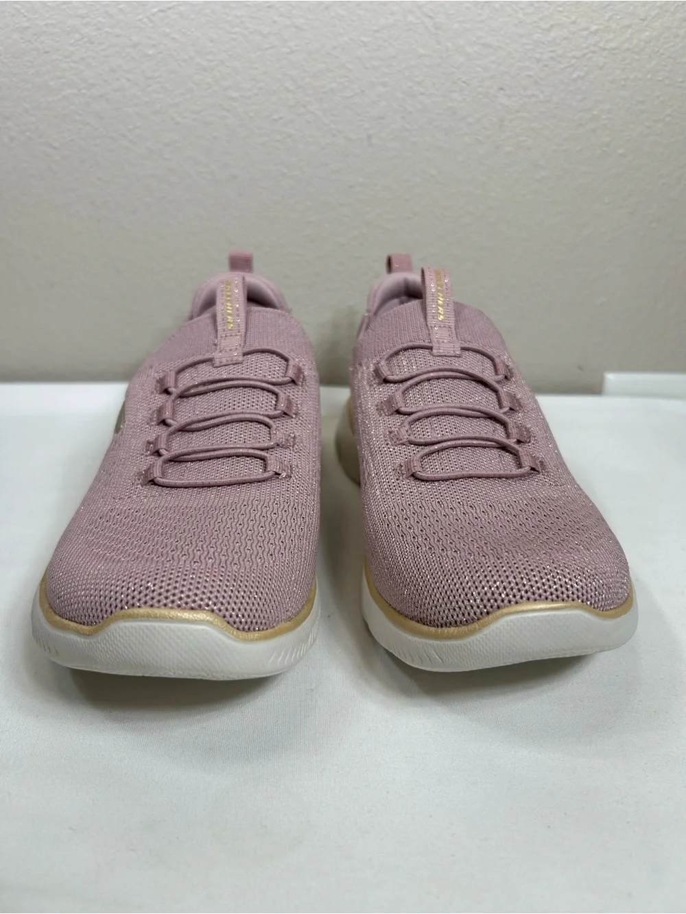 Skechers Summits Pixi Dusty Pink Gold Trim Slip-On Free Hands Knit Sneakers 8.5